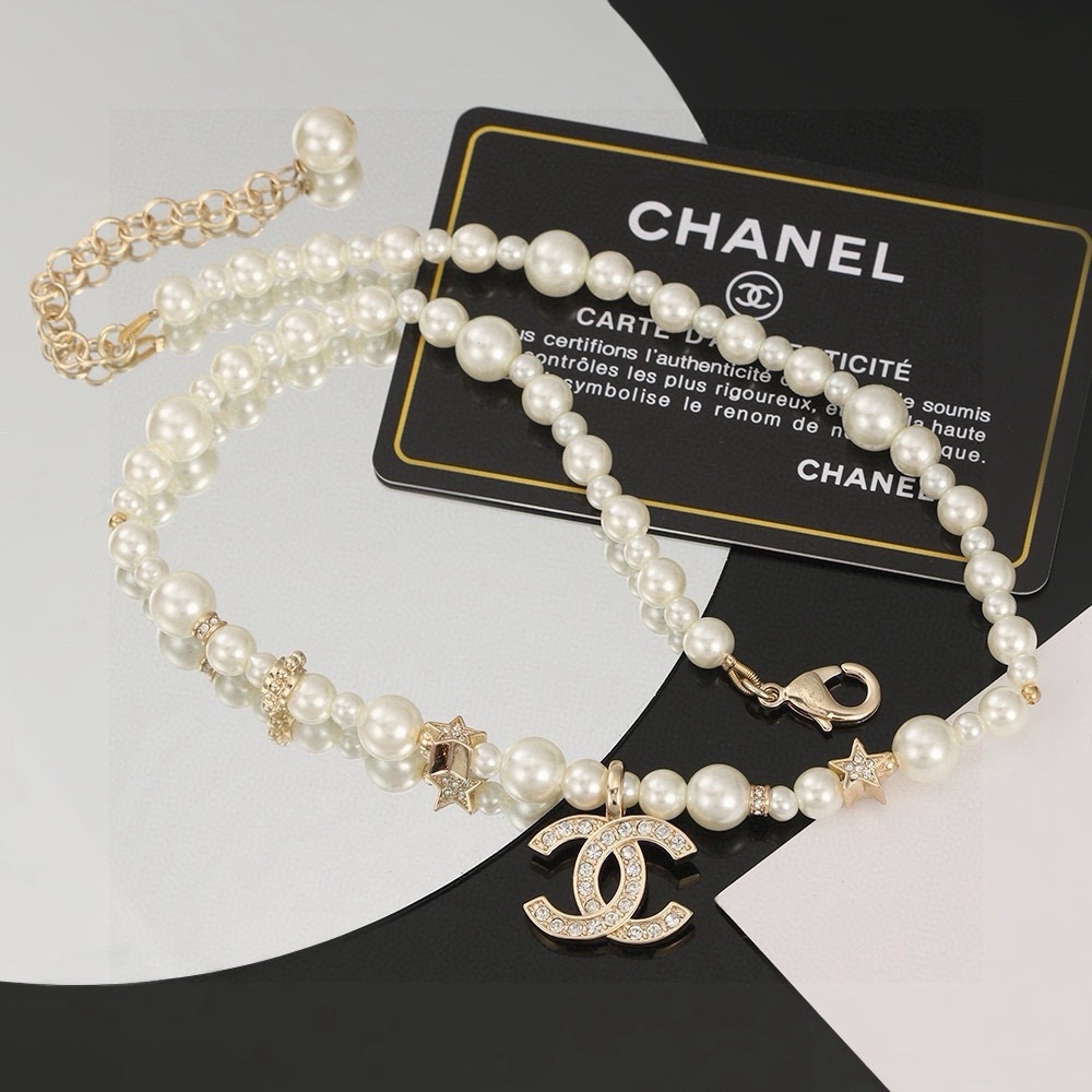 CHANEL Double-Strand Pearl & Crystal CC Logo Necklace